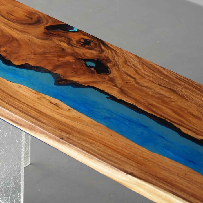 Modern walnut kitchen countertop enhanced with mysterious blue epoxy resin