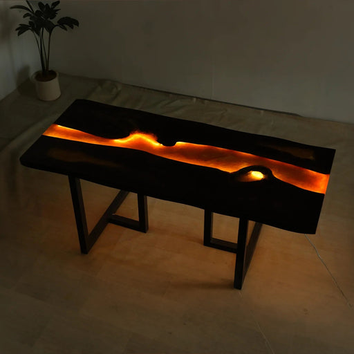 Modern epoxy resin table with ambient LED lighting and natural wood slab
