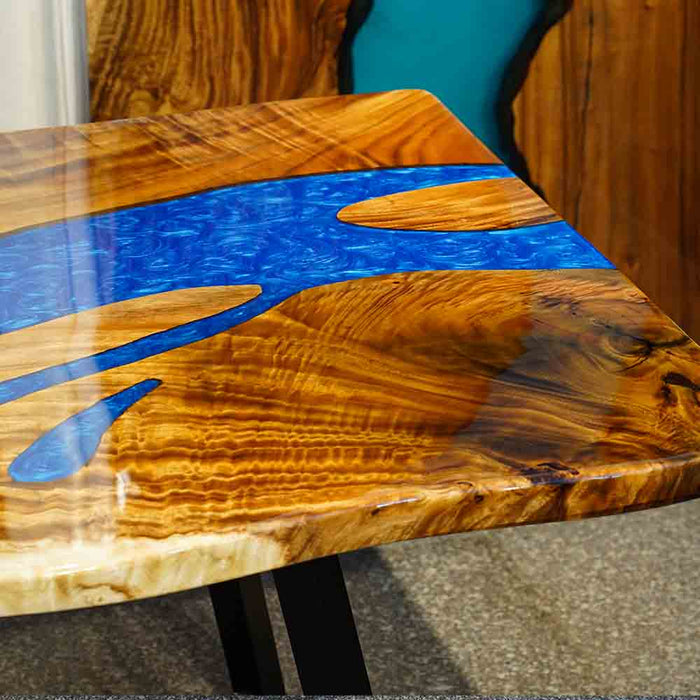 Modern walnut epoxy resin dining table with live edge design, seats 8, factory stock