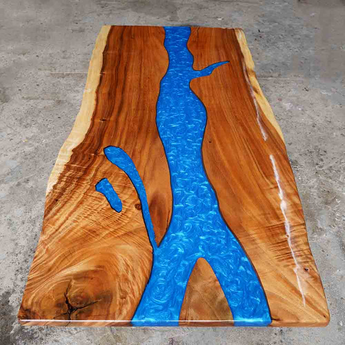 Modern walnut epoxy resin dining table with live edge design, seats 8, factory stock