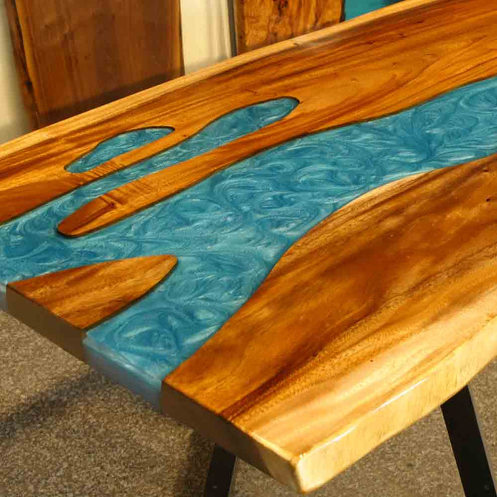 Modern epoxy walnut dining table featuring striking river design