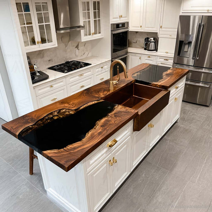 Modern black walnut kitchen island countertop with black epoxy resin river