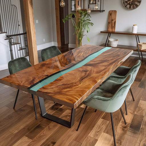 A modern epoxy resin wood conference table with a striking wood grain pattern and a turquoise-hued epoxy resin river running through the center, supported by clear acrylic legs.