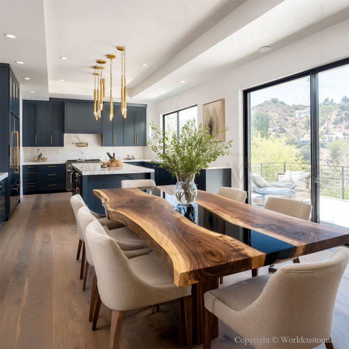 Modern epoxy wood dining table with natural walnut slab and resin river.