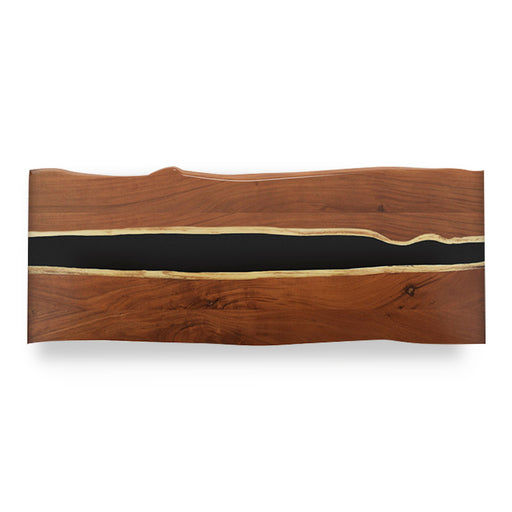 Wooden serving board with black center and gold accents on a white background