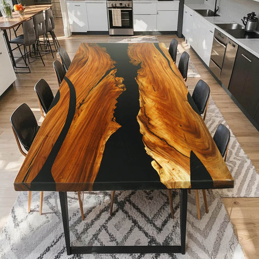 Modern epoxy wood table seats 10 to 12 in a bright kitchen