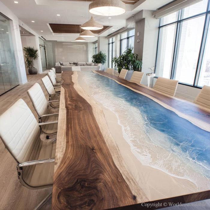 Modern executive conference table made from black walnut and wave epoxy