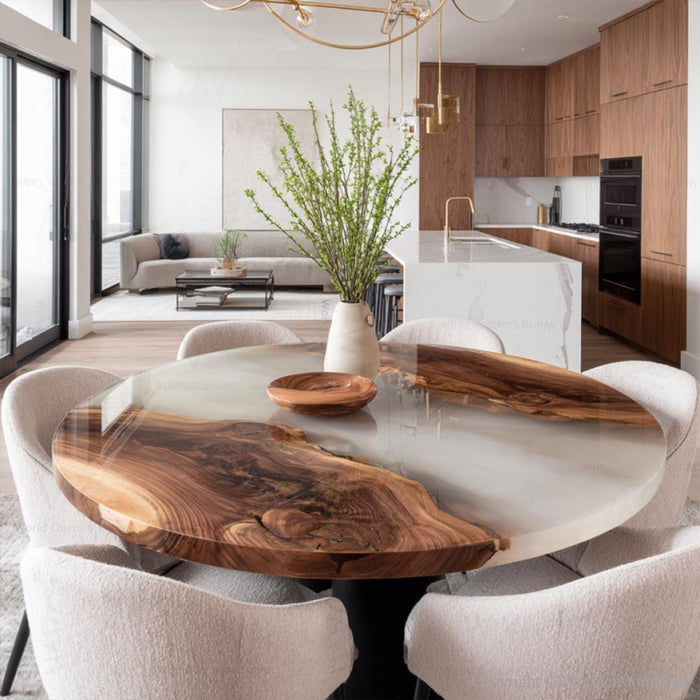 Modern farmhouse dining room featuring walnut and white epoxy table