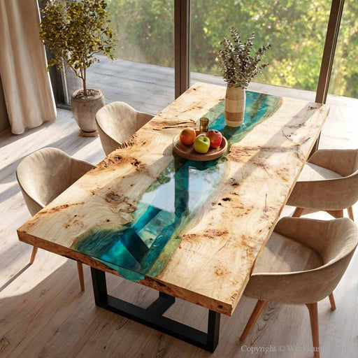 modern farmhouse dining room with epoxy dining table centerpiece