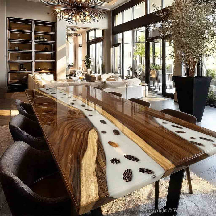 Modern farmhouse style walnut river table for open-plan living rooms.