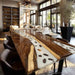 Modern farmhouse style walnut river table for open-plan living rooms.
