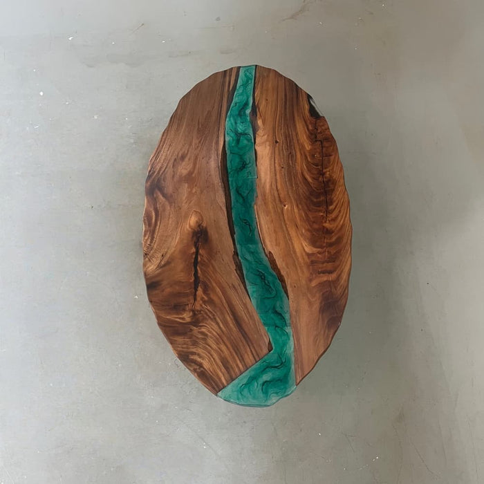 modern walnut coffee table with green epoxy resin
