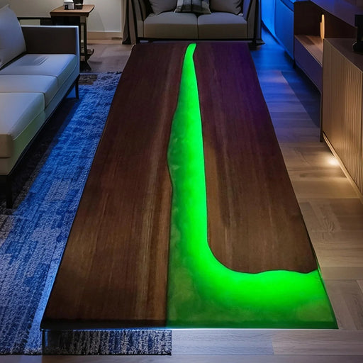 Modern walnut wood epoxy resin table with glowing green LED river