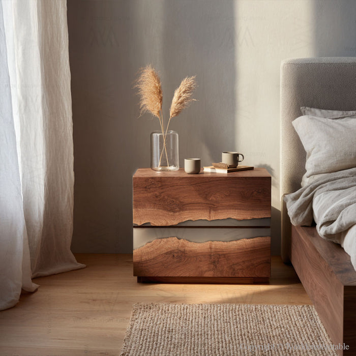 Modern home bedroom featuring epoxy nightstand