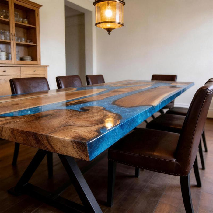 Blue epoxy dining table with black walnut wood in a modern American dining room