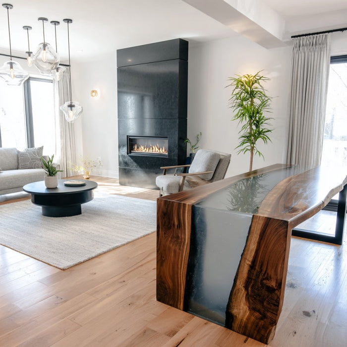 wooden clear epoxy waterfall table for modern living spaces in los angeles