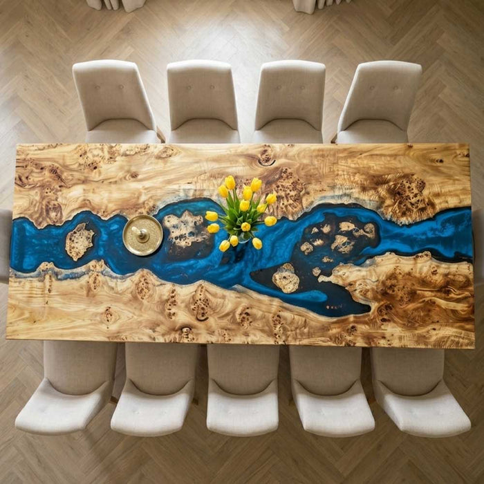 White poplar blue resin epoxy dining and conference table in modern interior space