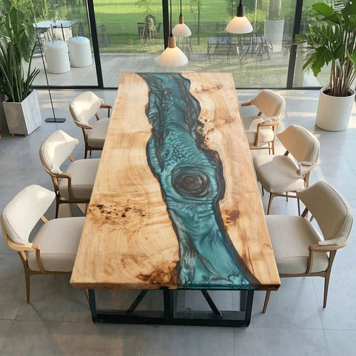 Modern live edge table featuring poplar wood and green resin center
