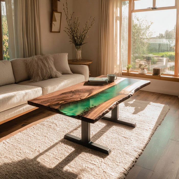 Living room with a wooden coffee table featuring a green epoxy resin design.