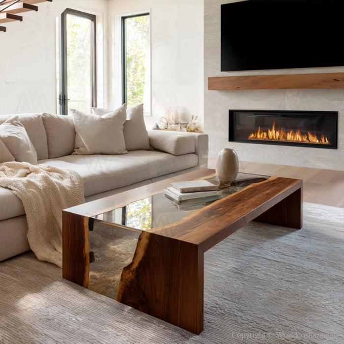 Epoxy coffee table used as a centerpiece in a stylish living room