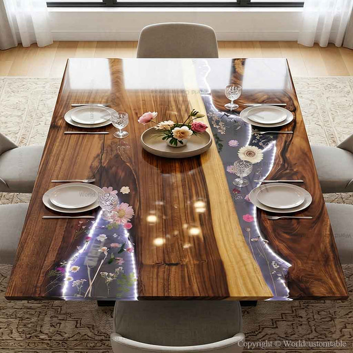 Luxury walnut resin coffee table with glowing LED epoxy centerpiece in US home interior