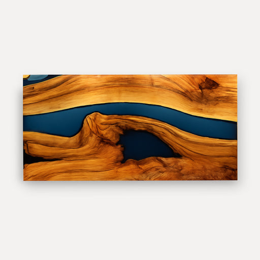 Wooden art piece with blue resin inlay on a white background