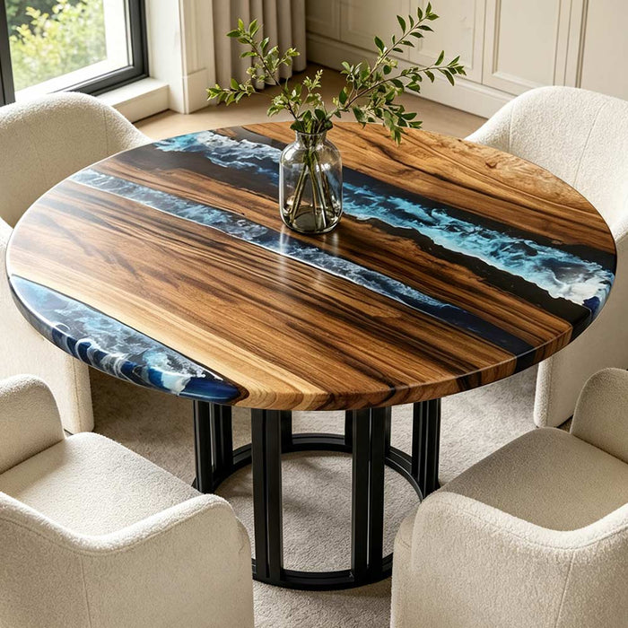 Handmade epoxy river dining table with natural walnut wood and blue resin wave patterns
