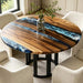 Handmade epoxy river dining table with natural walnut wood and blue resin wave patterns