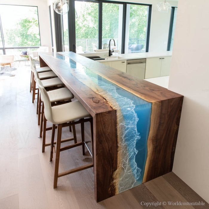 Modern ocean wave epoxy waterfall table as a luxury office centerpiece