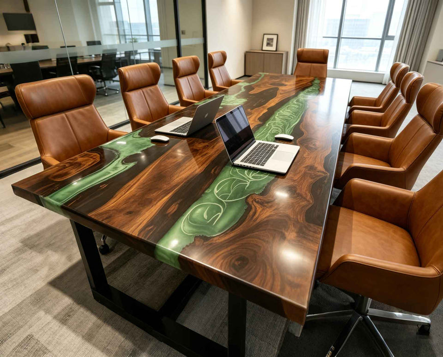 Modern boardroom featuring a large black walnut conference table with green epoxy resin river