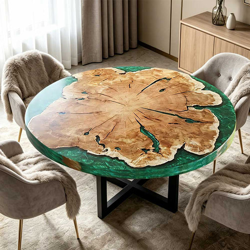 Modern round dining table made from olive burl wood with a green resin river effect and black metal base