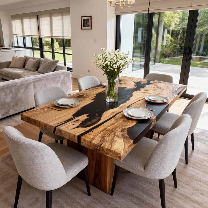Dining room with a wooden table and chairs in a modern home setting.