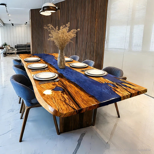 Modern olive wood epoxy resin dining table with natural wood grain and river design for Bay Area homes.