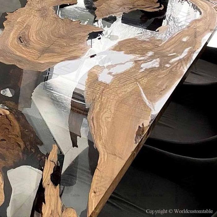 Modern olive wood smoky gray epoxy table in studio space
