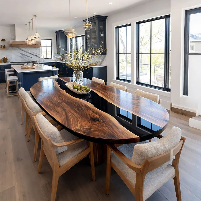 Modern dining room with a long wooden table and chairs in a stylish kitchen.