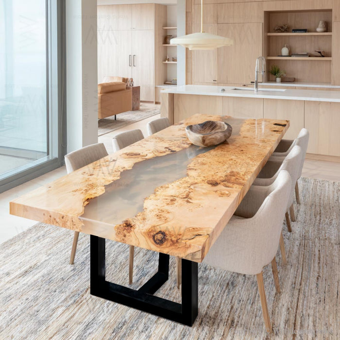Modern poplar wood epoxy dining table in open-concept space