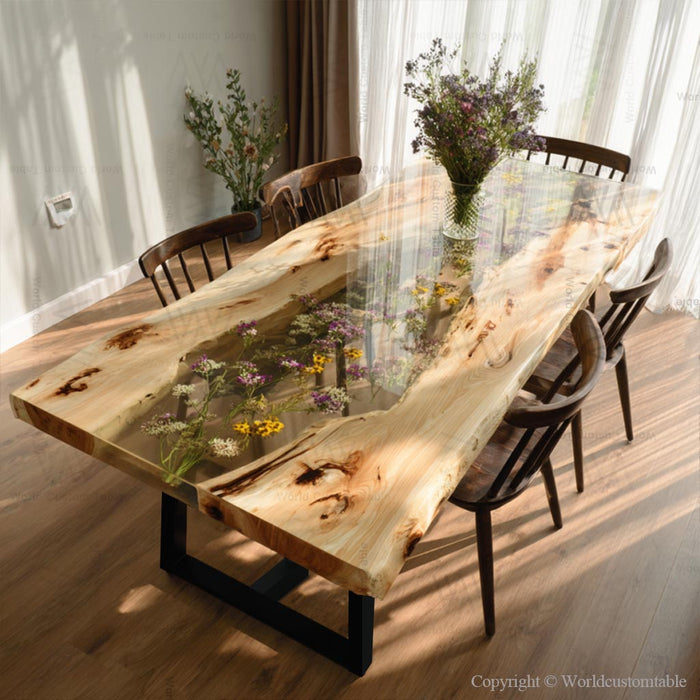 Modern flower epoxy table crafted from poplar wood for living room spaces
