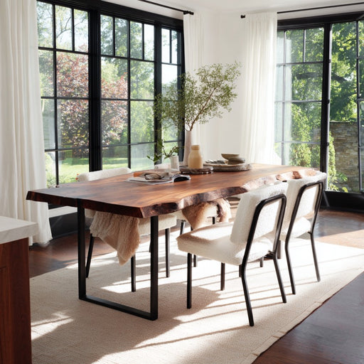 Modern dining room with a wooden table and white chairs near large windows.