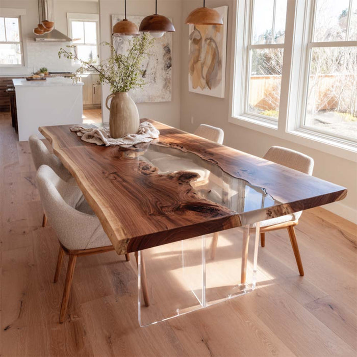 elegant square wooden clear epoxy resin table for modern homes in florida