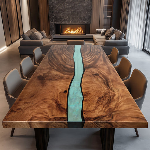 A modern epoxy resin wood conference table with a striking wood grain pattern and a turquoise-hued epoxy resin river running through the center, supported by clear acrylic legs
