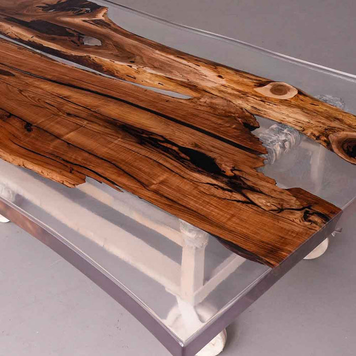 Top view showcasing the transparent epoxy resin surface and black walnut wood patterns.
