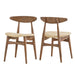 Two wooden chairs with beige seats on a white background