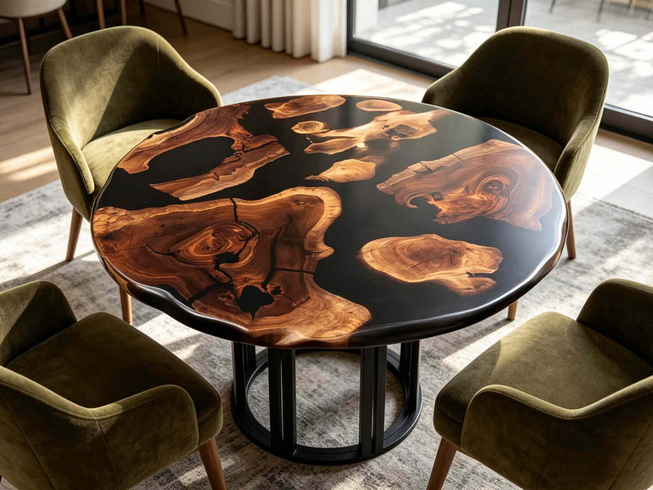 Black walnut black epoxy resin round dining table with modern luxury design and live edge wood grain