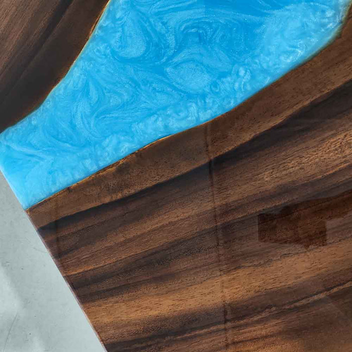 42x96 walnut blue epoxy dining table displayed in contemporary kitchen