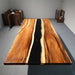 Modern walnut dining room table with dramatic black epoxy resin