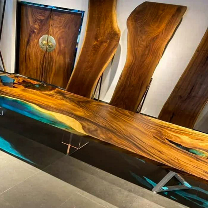 Wooden console table with a reflective surface in a showroom setting