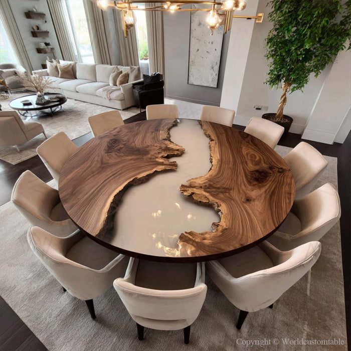 Modern black walnut epoxy dining table arranged in open-concept space