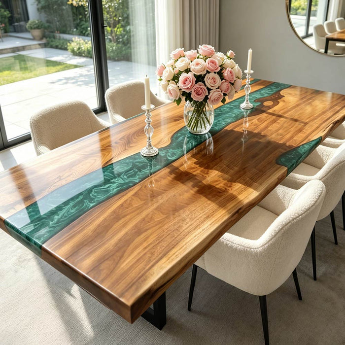 Modern walnut dining table with green epoxy swirl river detail