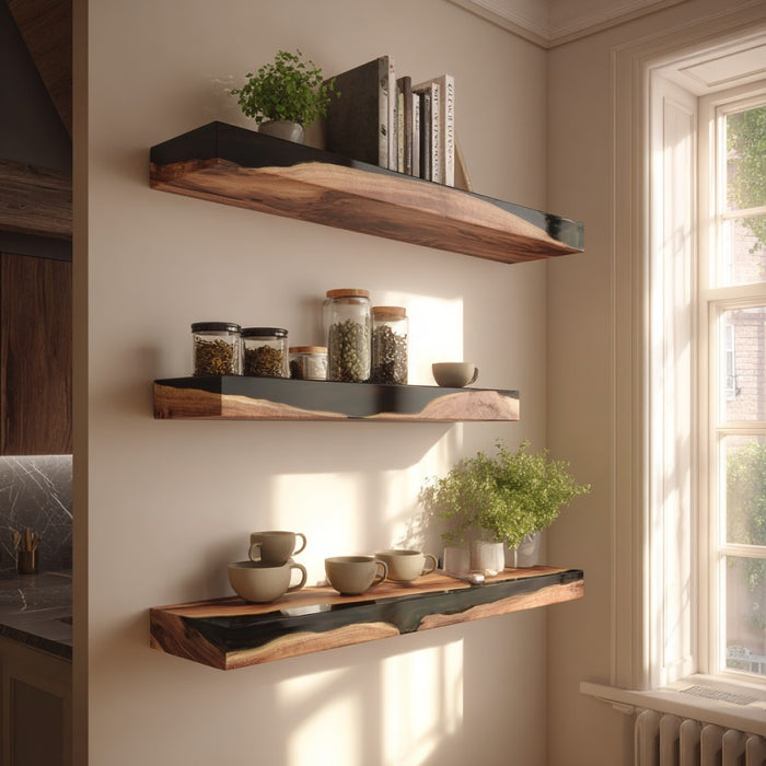Modern walnut epoxy floating shelf for elegant wall decor.