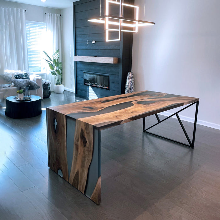 Modern living room with a wooden dining table and stylish decor